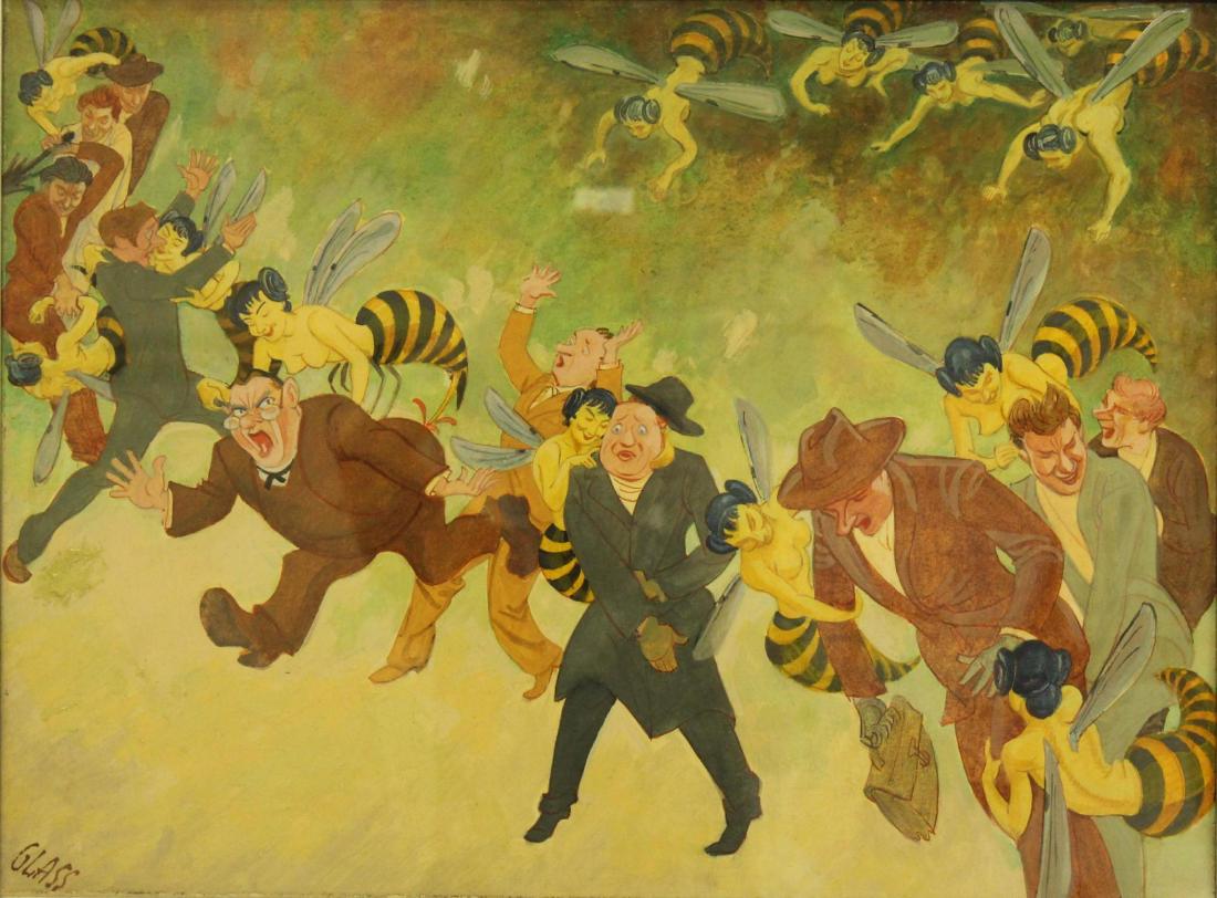 Franz Paul Glass (1886 - 1964): Oil on canvas, "Lovers and Wasps", SLL. Anthropomorphic wasps frolicking with businessmen 18"H x 24"W