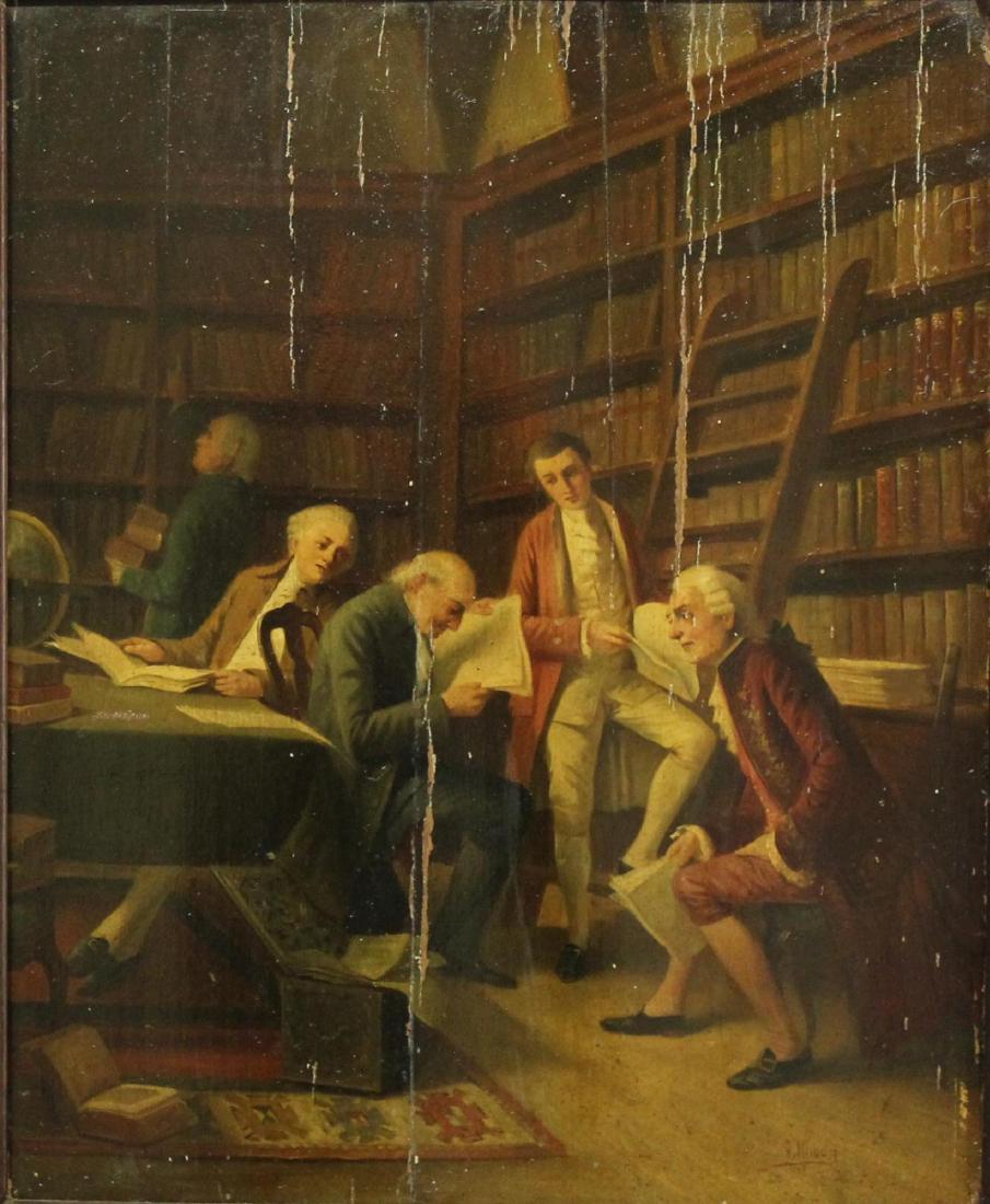August Hermann Knoop (1856 - 1919): Oil on panel, SLR. Gentleman in a library. 18"H x 14.5"W