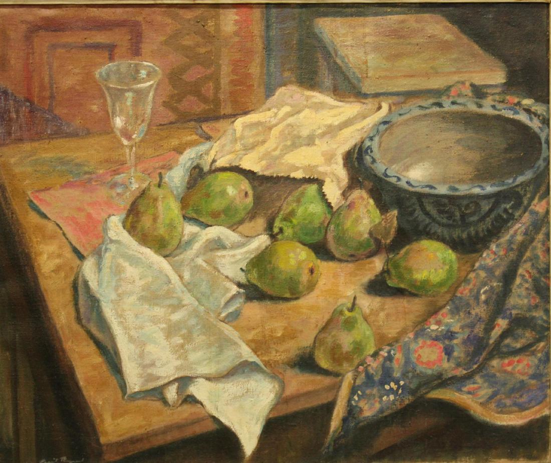 Grant Tyson Reynard (1887 - 1968): Oil on canvas, "Seven Pears", 1959. Table top still life. 25"H x 30"W