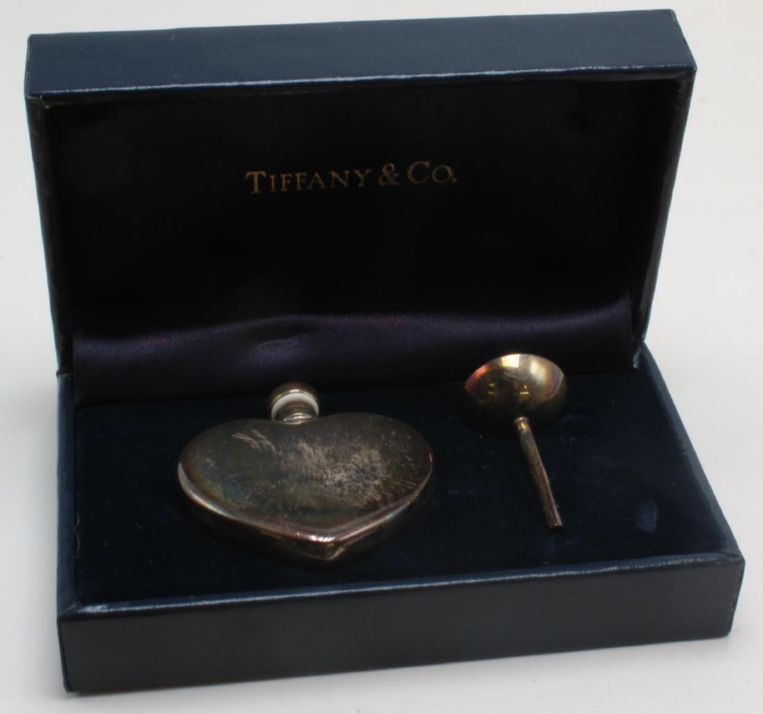 Tiffany & Co. Heart Perfume Flask with Funnel. Sterling: 1 5/8 X 1 5/8" flask. 20.8gtw. Comes with case and box