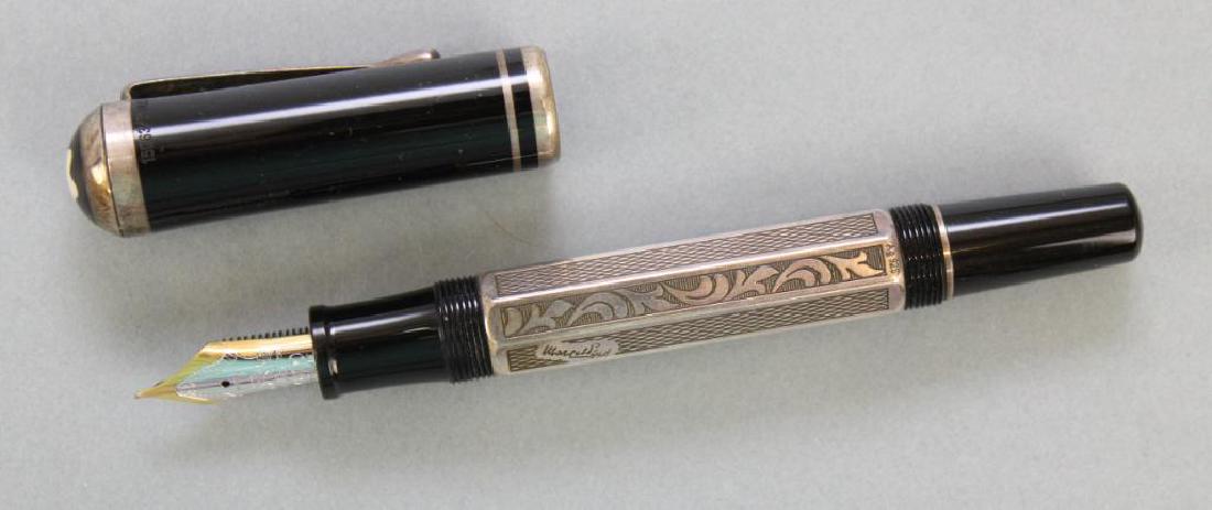Mont Blanc Marcel Prous Fountain Pen: 1999, Germany. Limited Edition Marcel Proust. Including original shipping and presentation box, sterling silver trim and barrel featuring fine engraving and the signature of Proust, 18k nib with engra