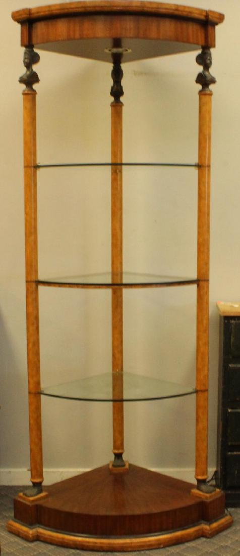 Biedermeier Style Corner Shelf: (4) display levels with figural motif. 86"H x 40"W x 28.5"D