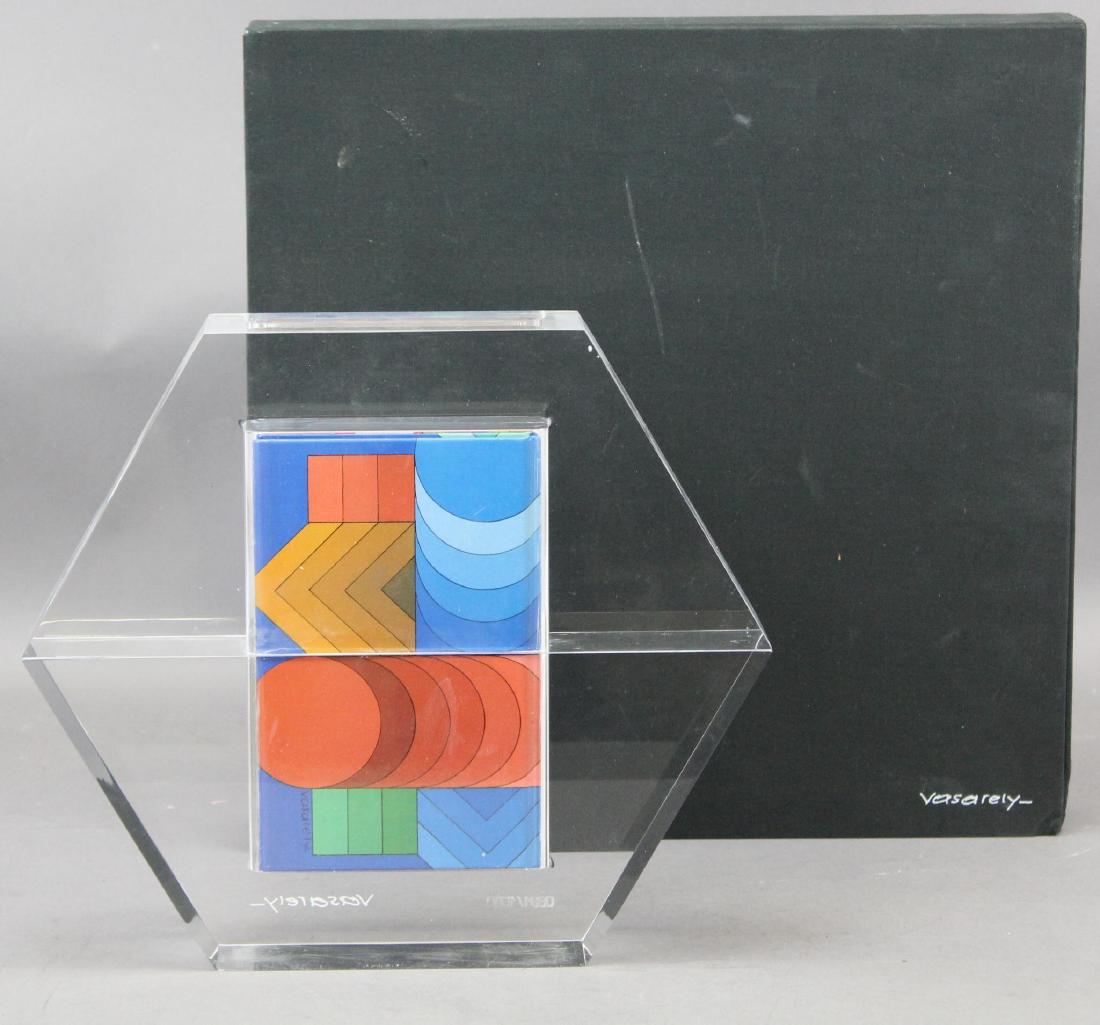 Victor Vasarely (1906 - 1997): Plexiglass "Hezagone" Sculpture containing 4 books by Victor Vasarely Signed and numbered on the lower part: 0681/1500, Vasarely 10.25"H x 11.75"W