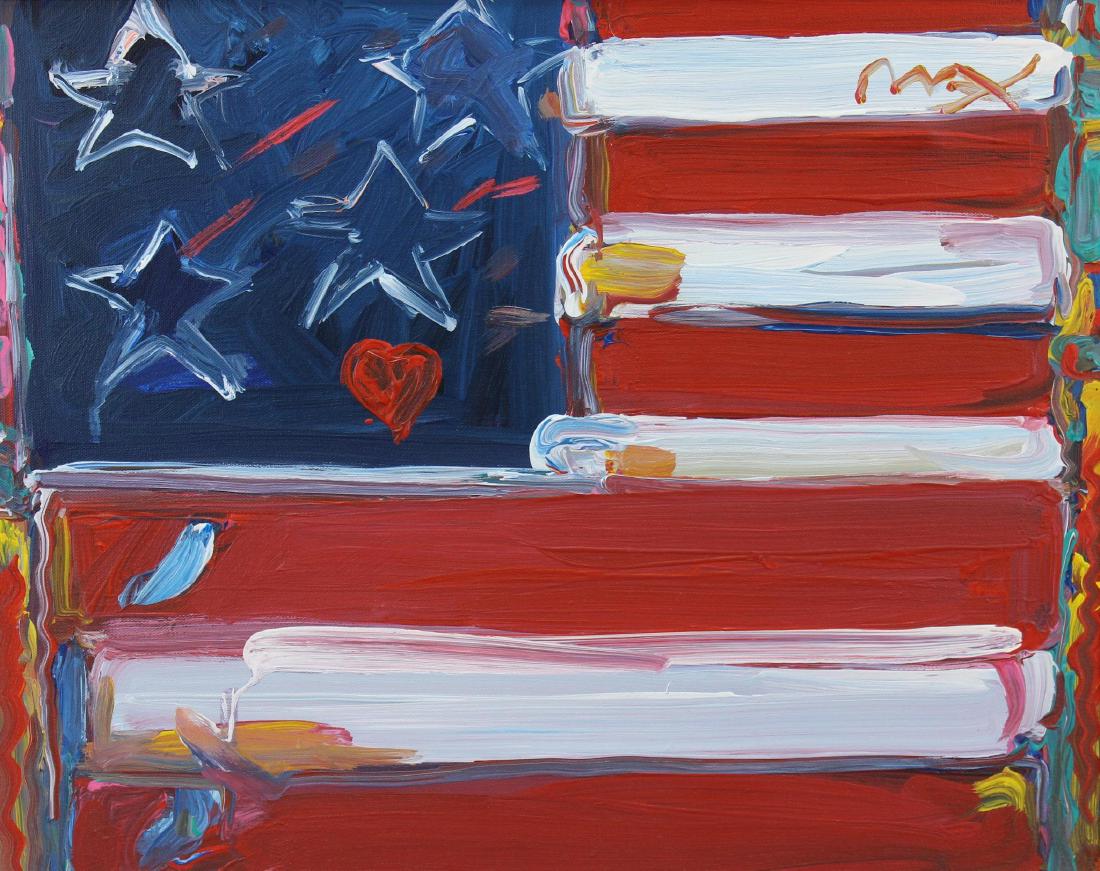 Peter Max (born 1937): Acrylic on canvas "Flag with Heart" SUR 16"H x 20"W