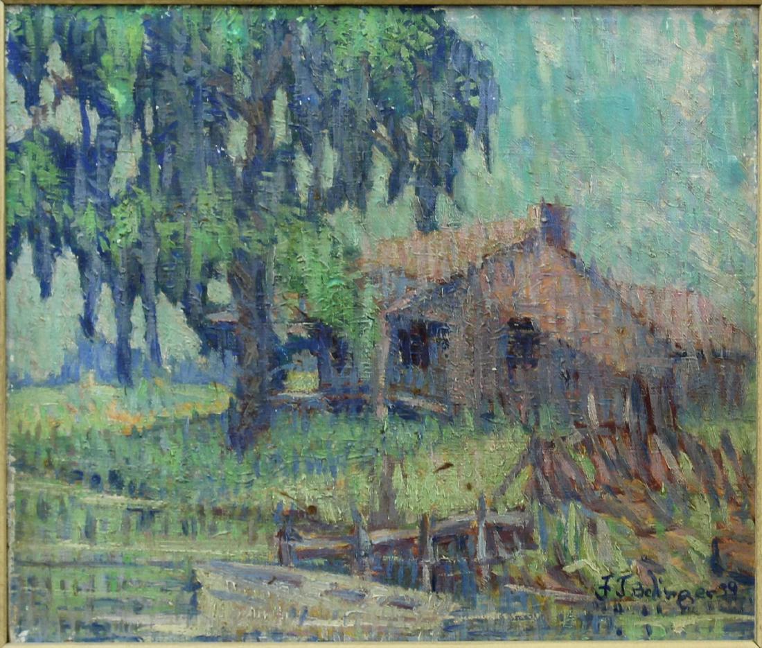 Franz Josef Bolinger (1903 - 1986): Oil on canvas SDLR 1939 Wet land landscape with house 12"H x 14"W