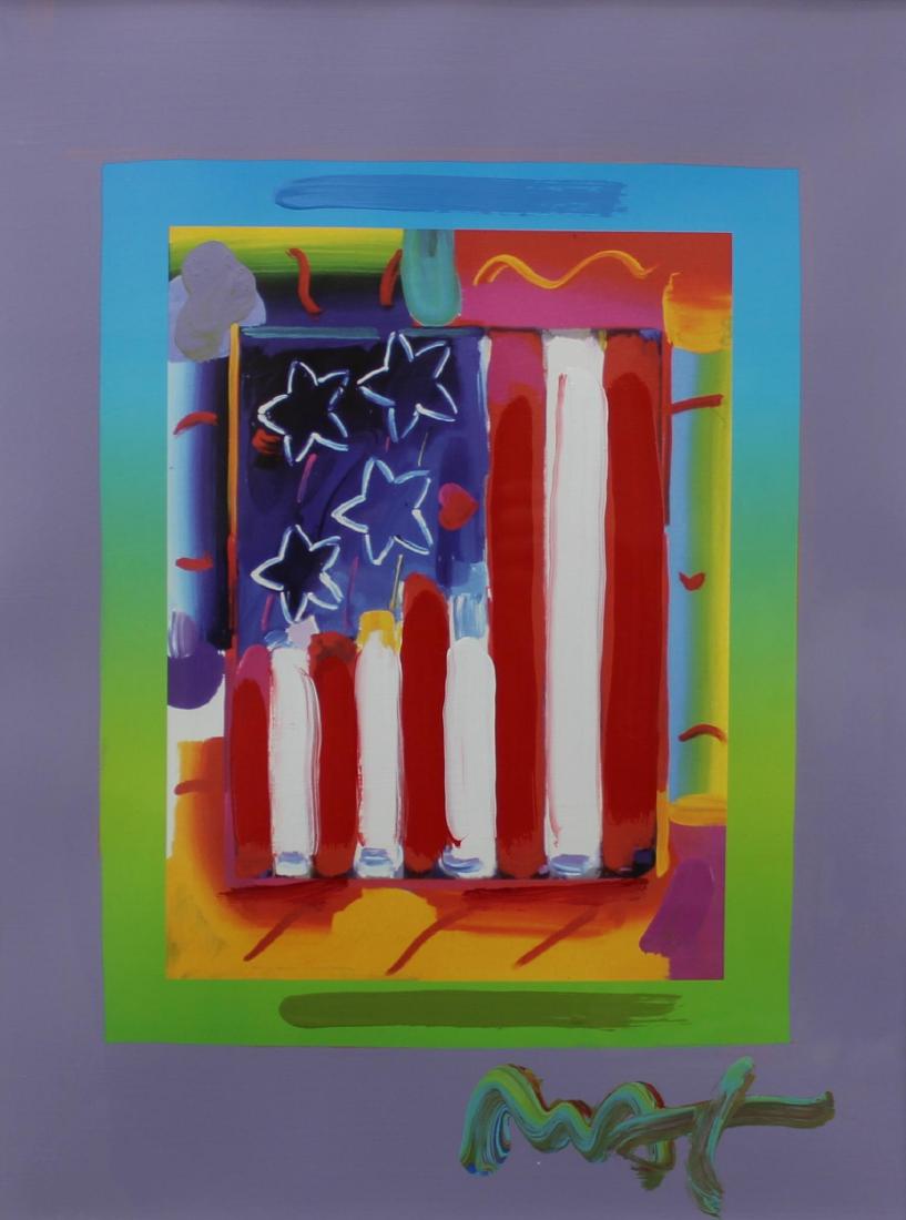 Peter Max (born 1937): Mixed media "Flag with Heart" SLR 16.25"H x 12"W