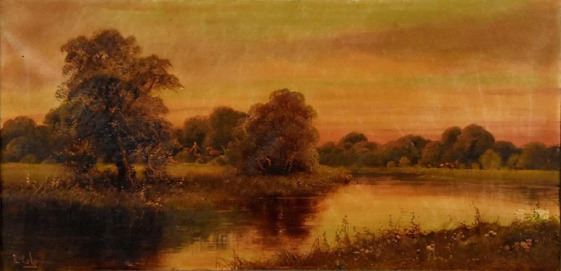 Edwin Cole (born 1868): Oil on canvas SLL 12"H x 24"W Landscape at sunset