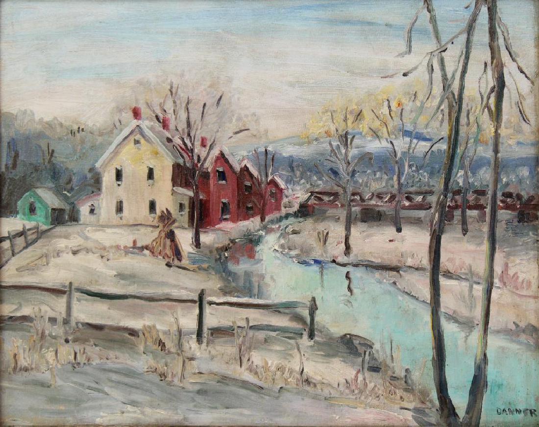 Oil on Board: Attributed to Sara Ethel Kolb Danner SLR, Danner Winter landscape with a home and stream 16"H x 20"W