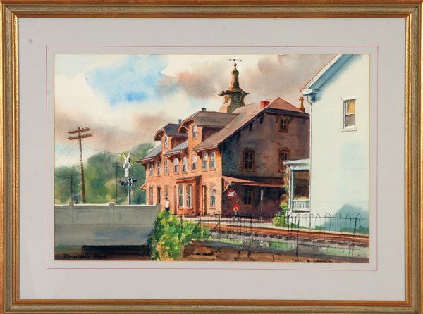 Ranulph Bye: "Lambertville Station", watercolor, 14" x 21 1/4" (sight), SLL "Ranulph Bye", title and artist on label verso. Artist: American, 1916-2003. Ship: $35 plus insurance.