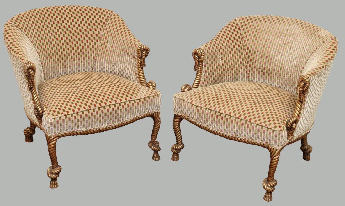 Pair of French Bergeres: Giltwood rope twist arms and legs. 30”h x 26”w x 27”d.