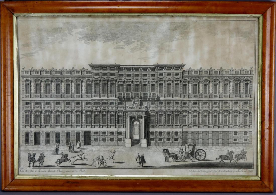 18th c. Etching: Etching, "Veduta del Palazzo del Sig. Marcello Durazzo nella Strada Balbi." Depicts the Palazzo Reale. 17"h x 26"w sight. 21"h x 30"w framed