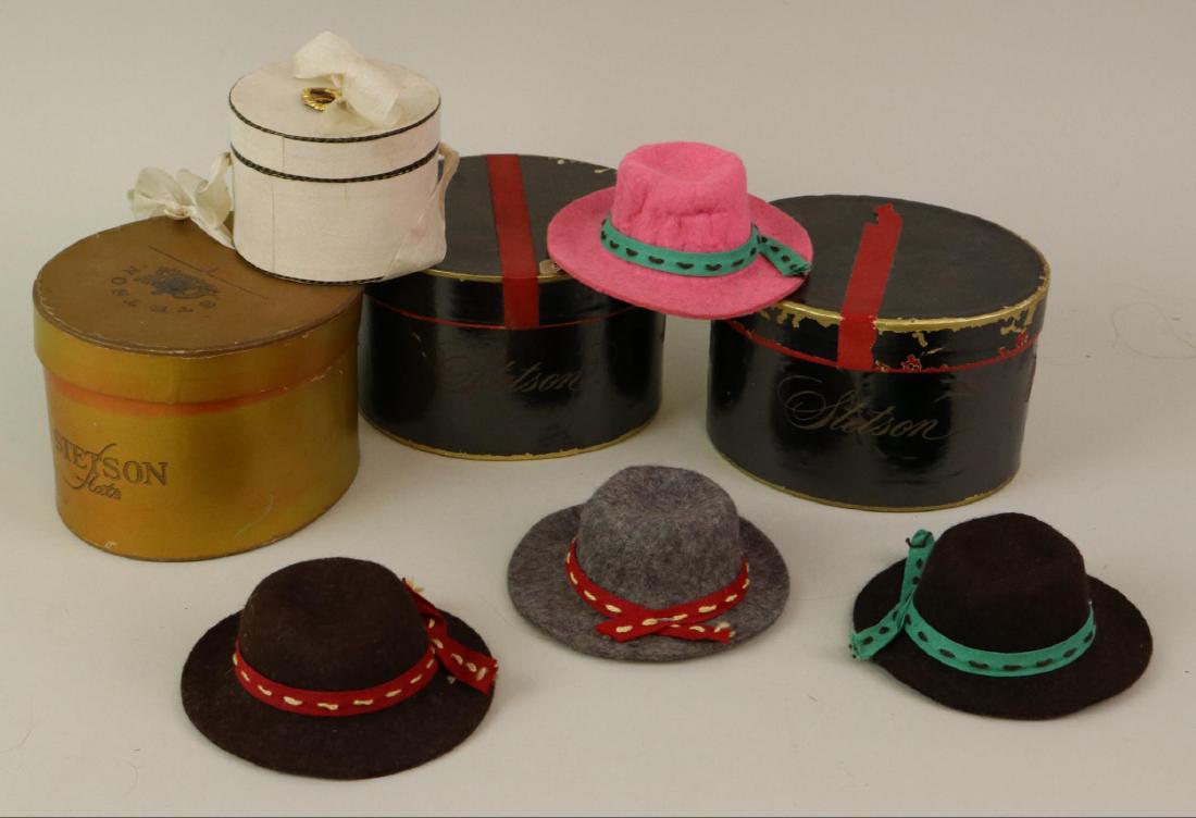 LOT OF DOLL ACCESSORIES: HATS.: Antique/Vintage - Lot of (3) sample Stetson hat boxes with hats. Lot of (4) sample hats with no hat boxes. Antique - 3" w French fashion hat with hat box. Condition: some loss to the hat boxes but non