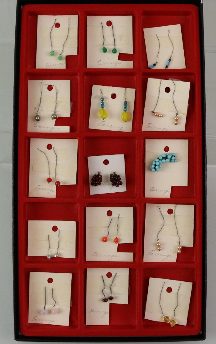 LOT OF DOLL ACCESSORIES: JEWELRY.: Lot of (15) prs.of antique and contemporary pierced earrings for dolls. (2) Prs. of bead clusters need wires attached. Condition: this lot is being sold AS IS.