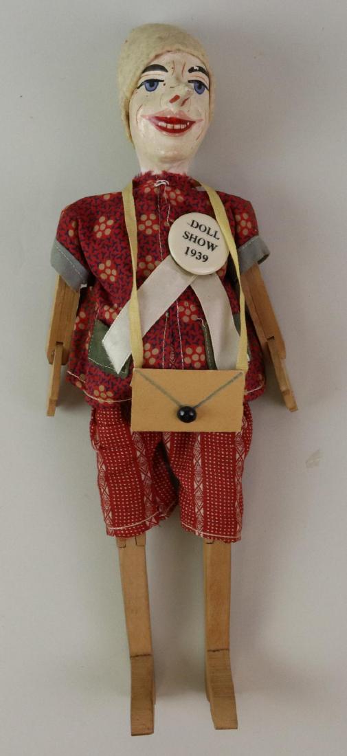 LOT OF HOLIDAY/NOVELTY ITEMS.: 14" Pinocchio character doll with papier mache head, fully jointed wooden/papier mache body. Painted features. Clothing appears to be original. Doll is wearing a pin: Doll Show 1939. Condition: :minor