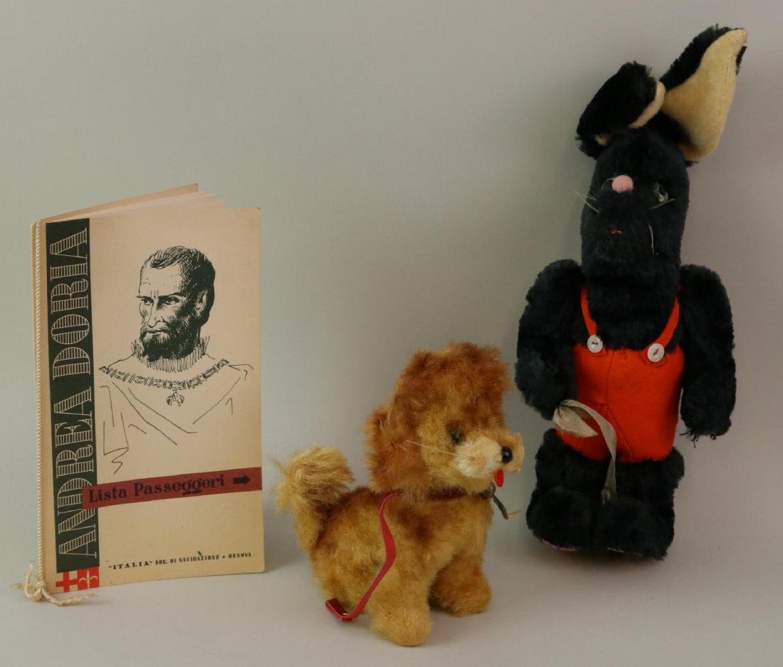 LOT OF HOLIDAY/NOVELTY ITEMS.: These (2) stuffed animals were purchased on the famous Andrea Doria ship in the 1953. 6 1/2" Tagged tan Italian plush dog with green glass eyes. Tag reads: Caravesio Firenze Creazioni Per Neonati. 12"