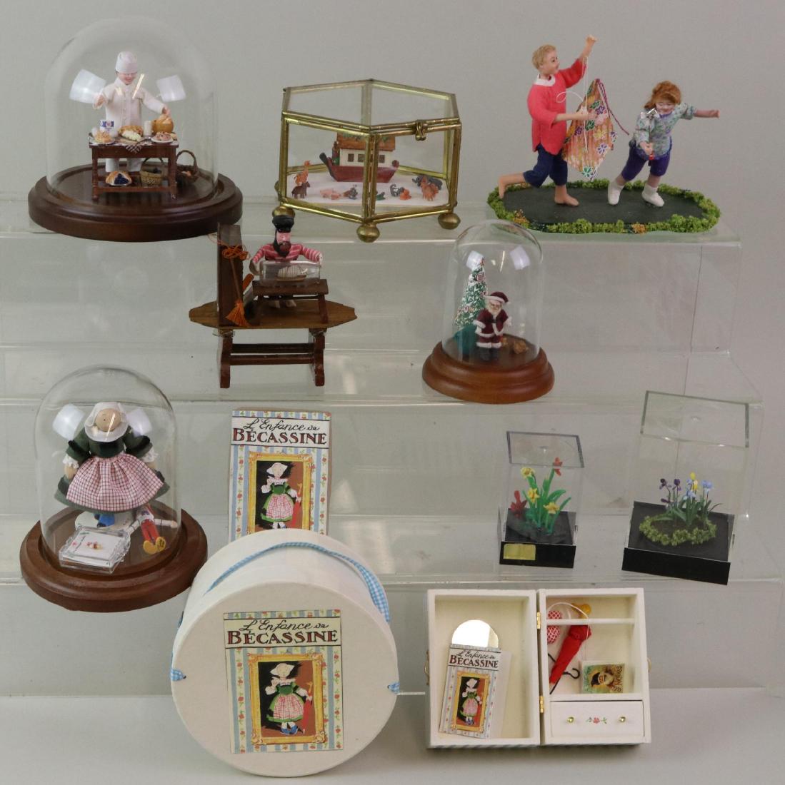 LOT OF MINIATURES/DOLLS.: Lot of miniatures from Regina Steele's inventory/collection. Grouping of Becassine inc. 2004 3" doll and accessories made by Missy Mause (and Wee Willie Wooden). Children playing with kite/pinwheel by
