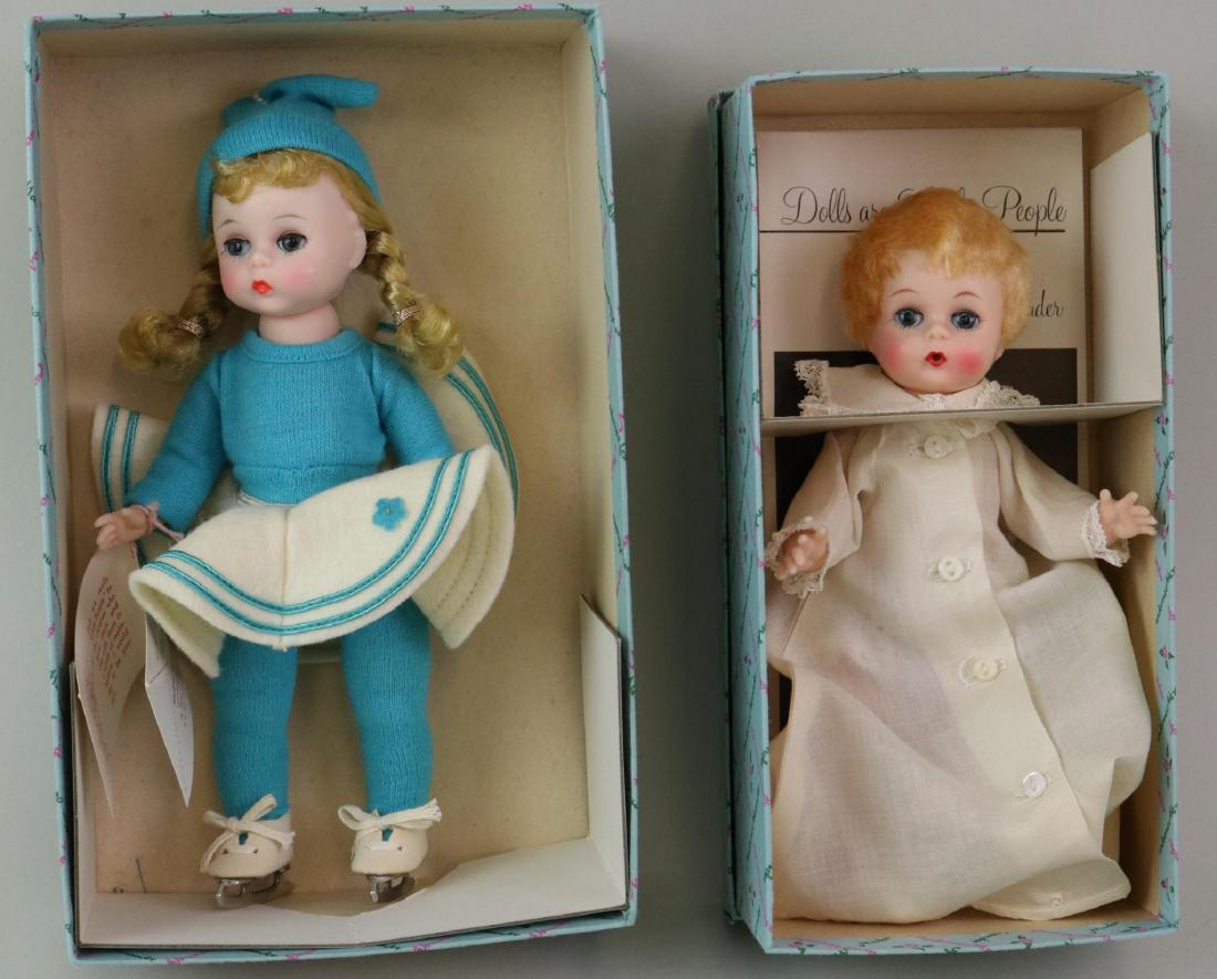 PAIR OF MINT 1956-1963 ALEXANDER DOLLS, OB.: These are original owner dolls. 8" Blonde braided BKW in turquoise/white wool felt ice skating costume. Hang tag. Box end reads WENDY-KINS 359. 7" Vinyl/HP "Baby Genius" with blonde hair." Dolls are L