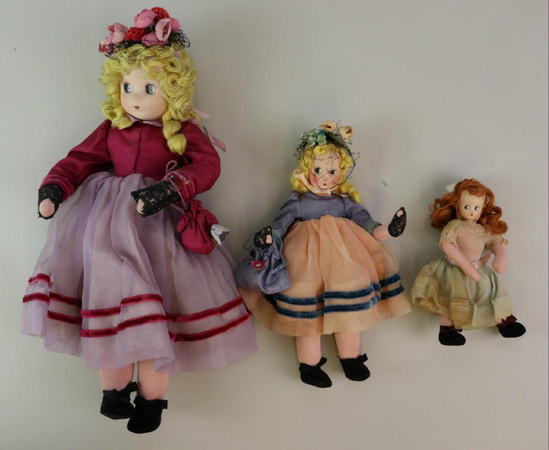 LOT OF CLOTH DOLL(S).: Lot of (3)1940-1944 tagged all original Madame Alexander "Little Shaver" dolls. 7" ( Has no hat, gloves), 10" (has the pink organdy skirt with lavender tafetta bodice, purse), 15" (has the lavender sk