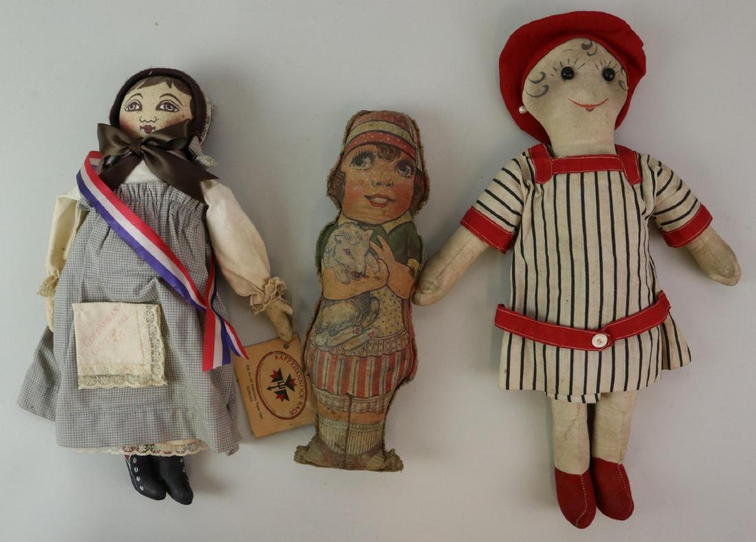LOT OF CLOTH DOLL(S).: Pair of printed cloth dolls: 16" 1930's Maggie Bessie Early Presbyterian "Shoe Button Sue" doll. (Possibly McClelland Ltd. Toronto, Ontario, Canada). All original clothing except for replaced hat. Ear