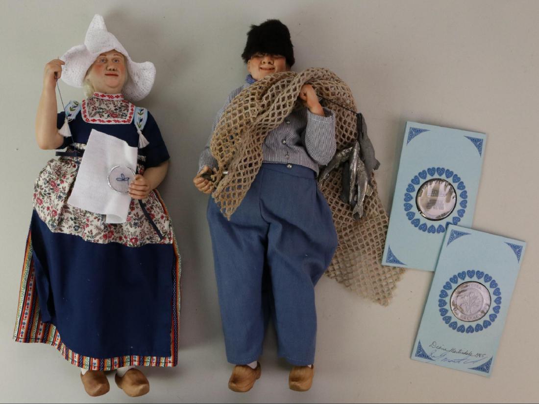 ARTIST DOLL LOT.: Pair of all original 12" dolls"Anneke" and "Pierter"#31/200 by artists Randy and Diana Martindale. These were made for the Region 14 Conference, Binghamton. NY October 1995.They have their booklets wi