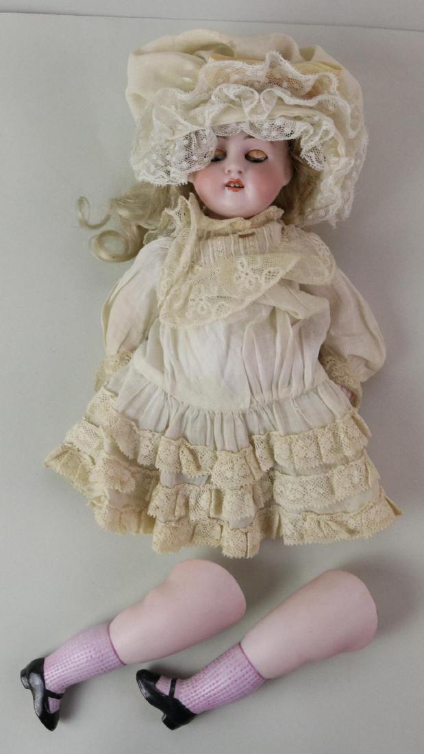 LOT OF ALL BISQUE.: 9" X 150 4 U (Kestner) with 5 pc.strung body, black heeled shoes, pink shirred stockings. Brown sleep eyes, open mouth, long curly blonde mohair wig. Dressed in antique white cotton clothing, newer ma