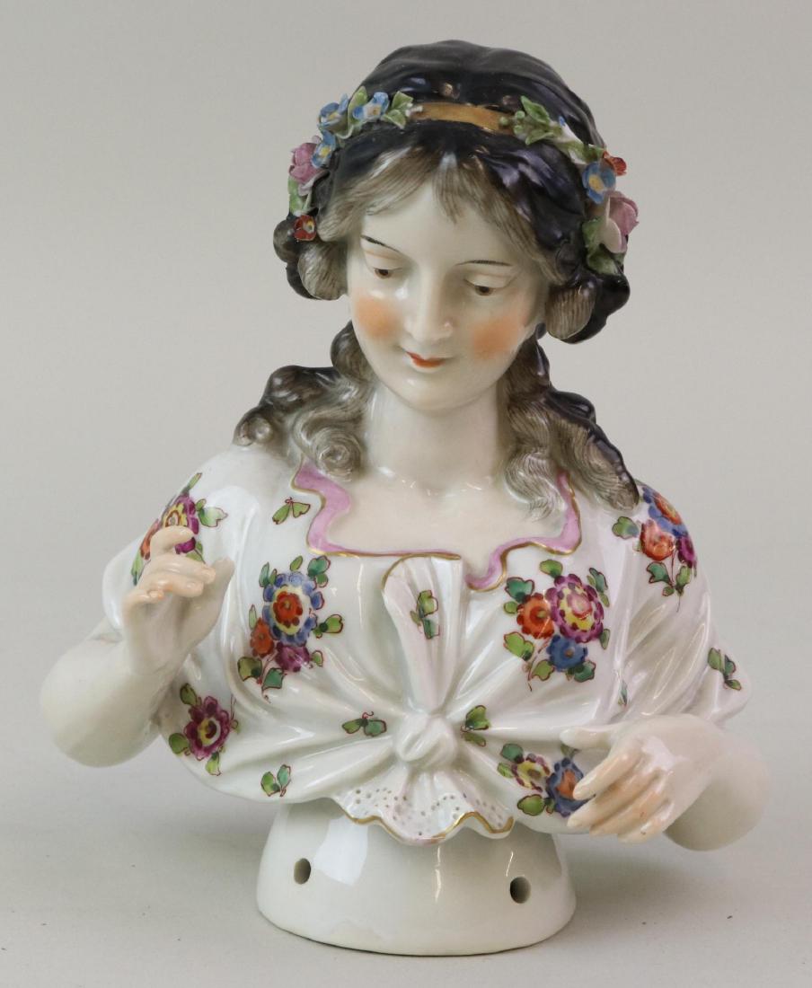 LOT OF HALF DOLL(S).: 6 1/2" Marked (symbol) crown over N (Capadimonte). Half doll has elaborated black hair with gray highlights. Long curls and coiled bun, decorated with floral head band. She is dressed with a shawl aro