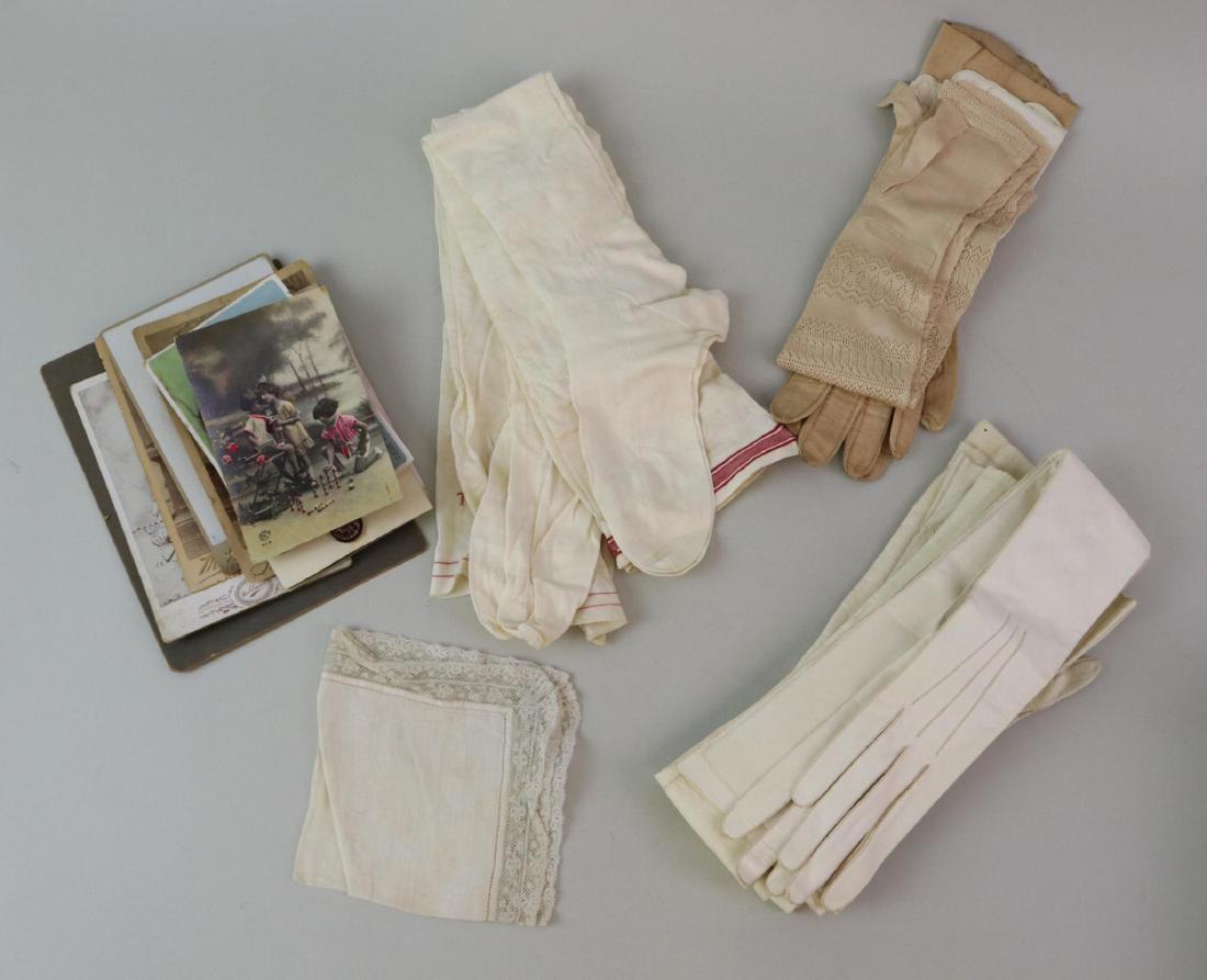 ANTIQUE/VINTAGE LADIES' CLOTHING.: Lot of accessories, photos. Accessories - (6) prs. of gloves inc. (4) leather opera length. Opera length knit lace gloves with no fingers. (2) prs. of long cotton stockings. Lace hanky. Condition: som