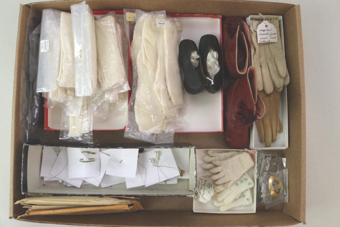ANTIQUE/VINTAGE DOLL & CHILDREN'S CLOTHING.: Doll - (2) prs. knit gloves. (9) Prs. Ivory cotton socks (OSS). (2) Prs. black. (6) Prs. ivory cotton knit Made in Spain (OSS). Jewelry - (12 ) prs. of pierced doll earrings. Misc. pins. Baby doll pac