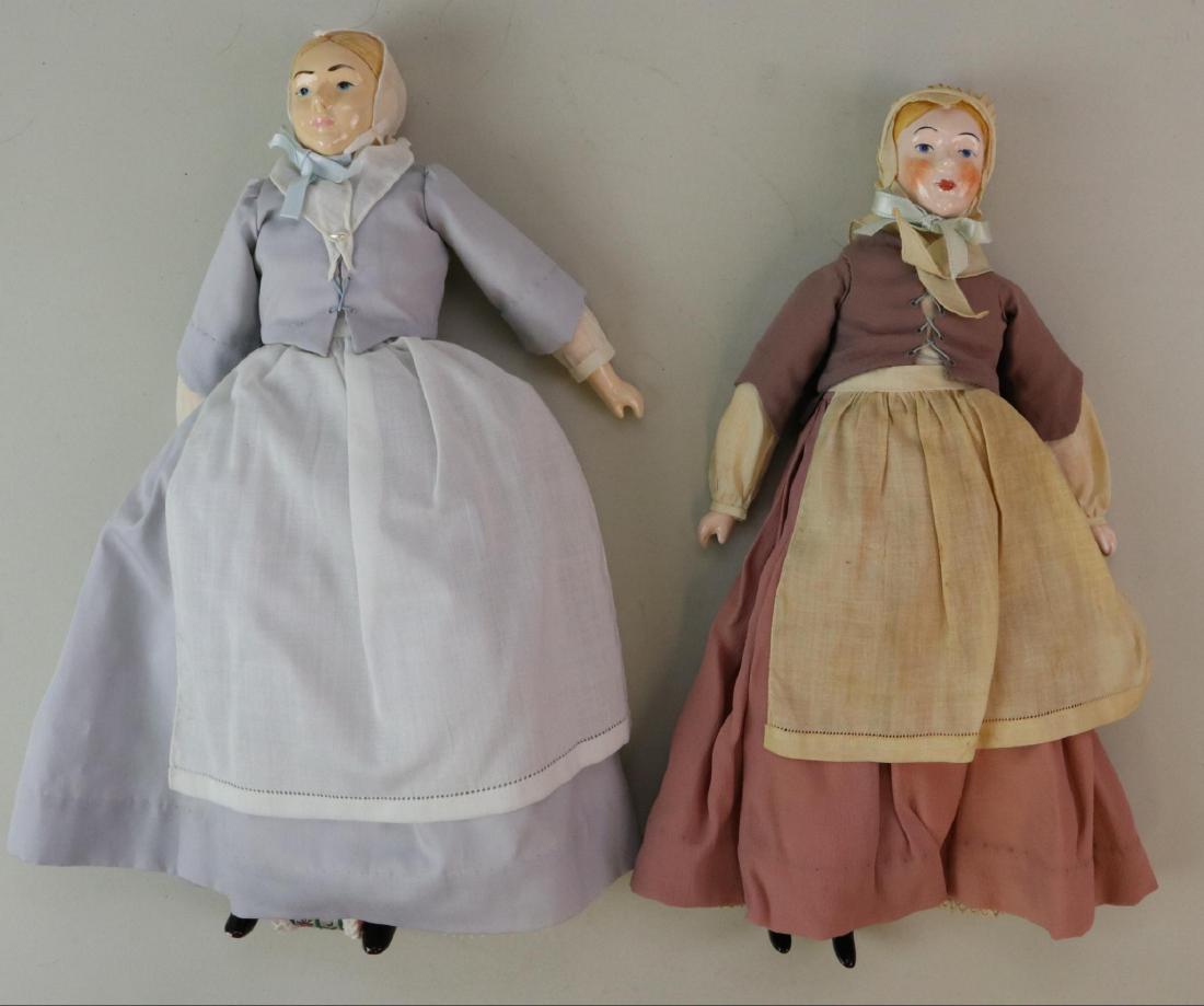 MORAVIAN DOLL LOT.: Pair of 13 1/2" all original Anna Nitschmann dolls made in 1970(?) by the Busy Workers Society of Central Moravian Church, Bethlehem, PA. They have china shoulder heads, lower arms and legs with paint