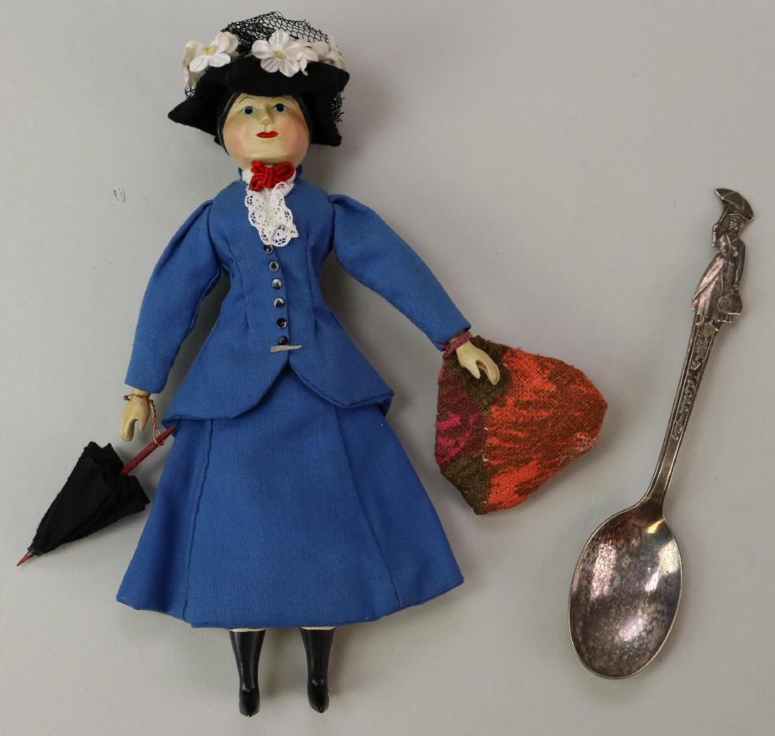 LOT OF SHERMAN E. SMITH WOOD DOLL(S).: 7 1/2" Signed S. Smith 8/24/72 all wood doll "Mary Poppins". Carved hands with individual fingers. Painted boots. Fully jointed body. Complete outfit with hat, umbrella and bag. Condition: nothing obs