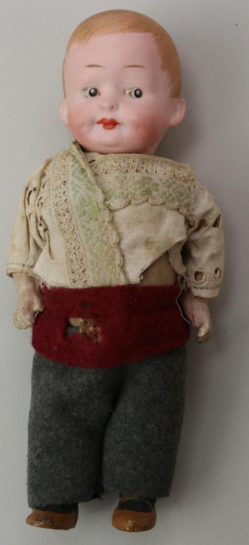 GOOGLY EYE DOLL LOT.: 6 3/4" Germany EH 264 -16/0 D.R.G.M.? character boy doll with molded, painted features. Brown side glance integlio eyes, closed mouth, dark blonde hair. 5 Pc. papier mache toddler body with tan 1-stra