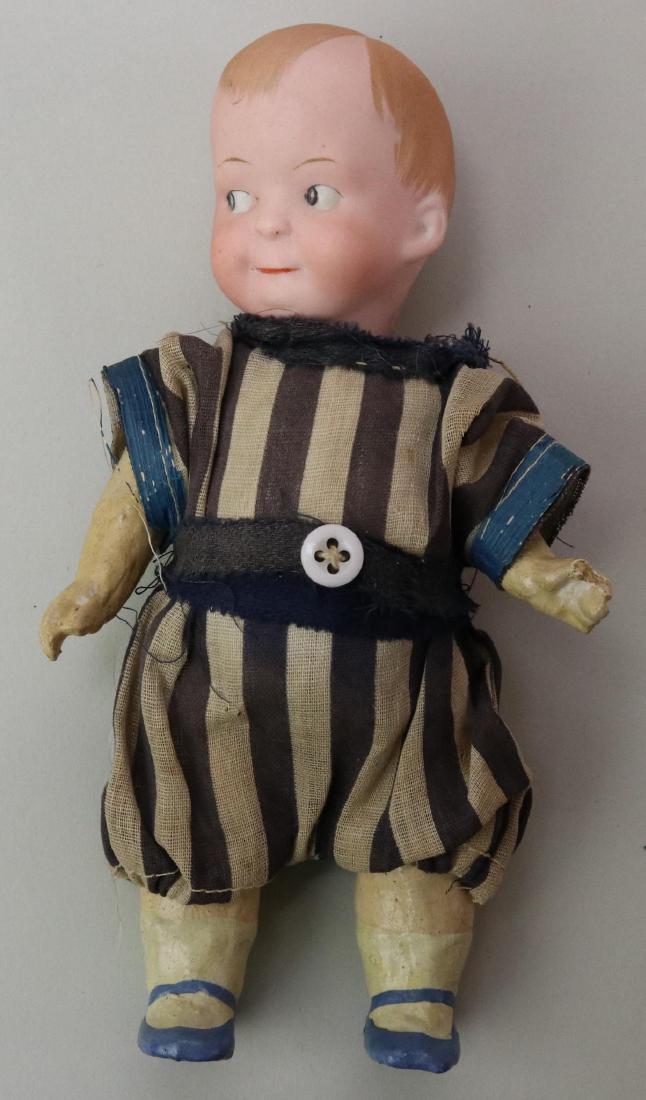 GOOGLY EYE DOLL LOT.: 7" Germany EH 274 - 15/0 D.R.G.M. character boy doll with molded, painted features. Dark blue side glance integlio eyes, almost a watermelon smile, dark blonde hair. 5 Pc. papier mache toddler body wi