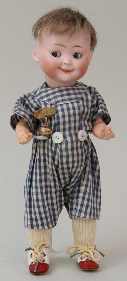 GOOGLY EYE DOLL LOT.: 10" 173 2/0 Character doll with blue side glance eyes controlled by wire in back of head. Watermelon smile, brown mohair wig. 5 Pc. papier mache toddler body. Dressed in vintage gingham romper, red/wh
