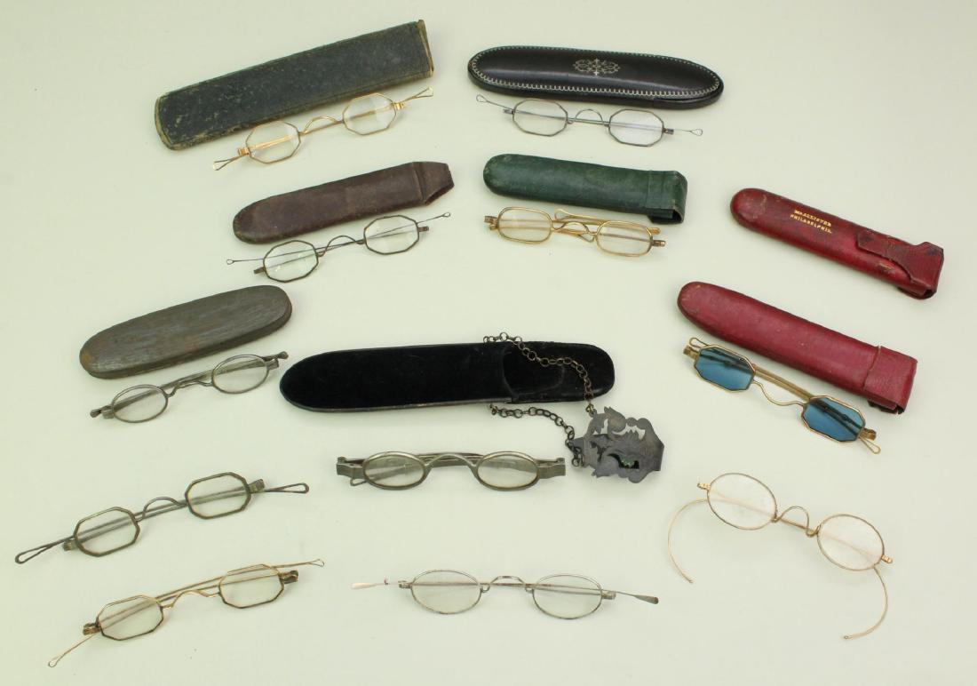 Grouping of 19th Century Eyeglasses: Grouping of eleven 19th century eyeglasses including; 1.) Silver plated frames with oval lenses, telescopic temples (marked "20" and "J. Owens" and teardrop loop temple finials. 2.) Steel frames with