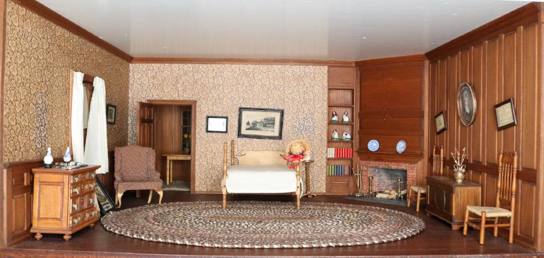 Early American Bedroom Miniature Room Box Scene: Scale: 1"=1'. This room represents the Colonial Revival period at around 1900 and is an interpretation a pre-Revolutionary War bedroom. The room was influenced by furniture maker Wallace Nutting. The