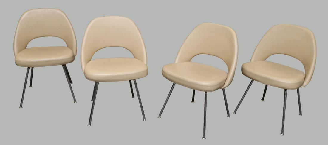 Vintage Knoll Executive Saarinen Side Chairs: Set of (4) Knoll executive armless by Euro Saarinen. Tan vinyl upholstery on chrome legs. 31"h x 20"w x 18"d