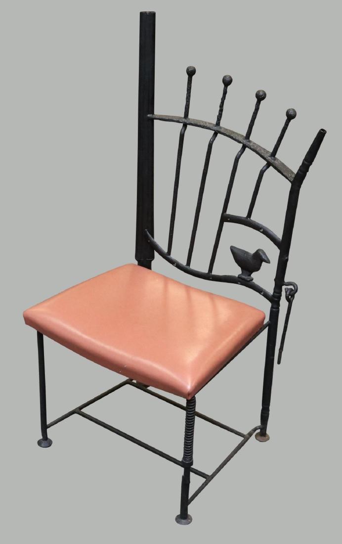 J.W. Zan Reclaimed Wrought Iron Chair: Made from reclaimed materials to include a double barrel shotgun, fencing, and a funnel spout with an aviary motif. 46”h x 22”w x 16”d
