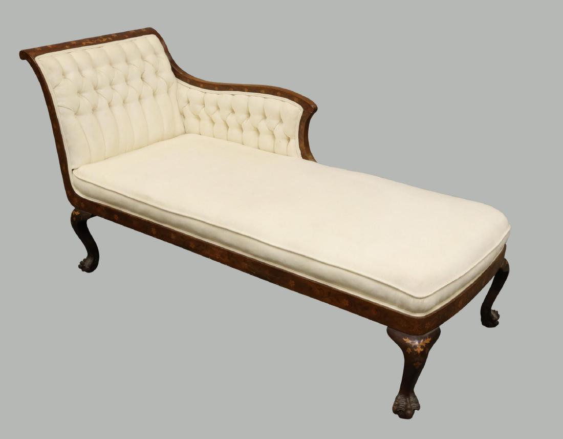 Victorian Marquetry Inlaid Chaise Lounge: White tufted upholstery, marquetry inlaid floral and leaf motif, on ball and claw feet. 34"h x 63"w x 26"d