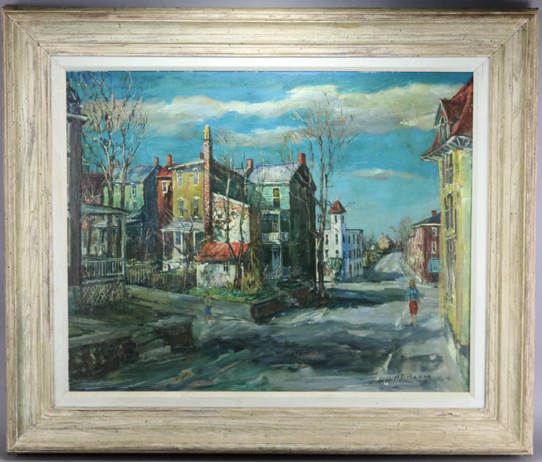 Walter Emerson Baum (1884 - 1956): Oil on board, "Allentown Houses #4", SLR. Urban landscape. 23.5"h x 29.5"w and 32.5"h x 38.5"w