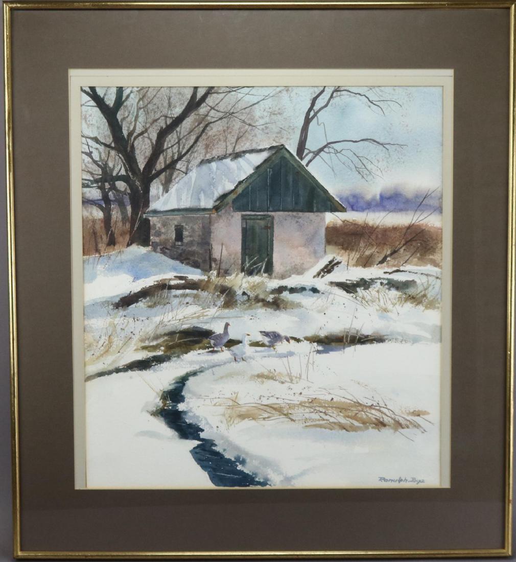 Ranulph Bye (1916 - 2003): Watercolor, SLR, Winter landscape with outbuilding and geese. 21.5"h x 18.5"w sight and 29"h x 26"w framed