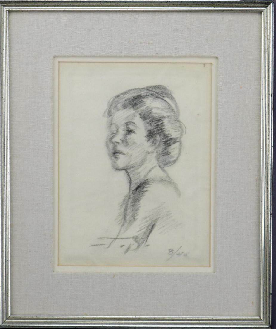 John French Sloan (1871 - 1951): Charcoal on paper, Initialed and dated 8/40. Female portrait. 8.75"h x 6.5"w sight and 14"h x 12"w framed