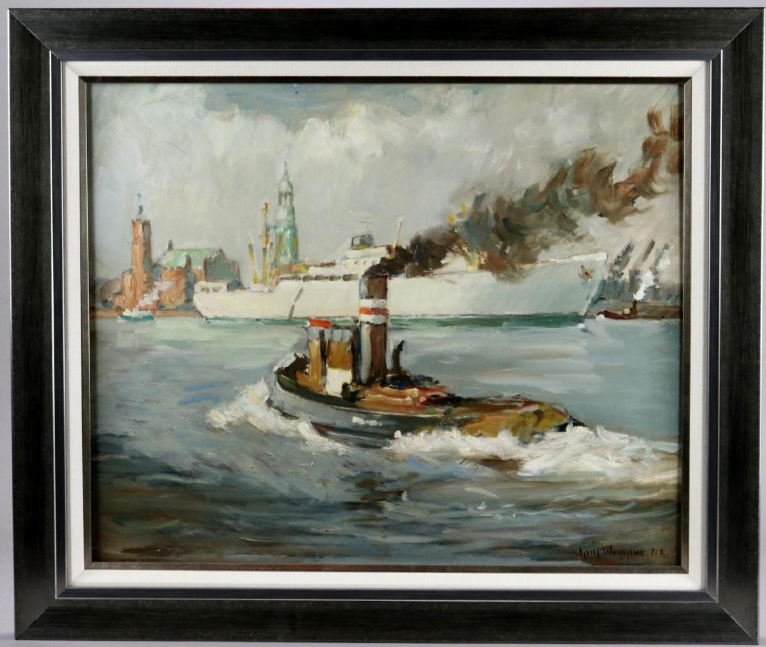 Guy Carleton Wiggins (1883 - 1962): Oil on board, SLR. New York harbor scene. 18"h x 22"w and 22"h x 26"w framed