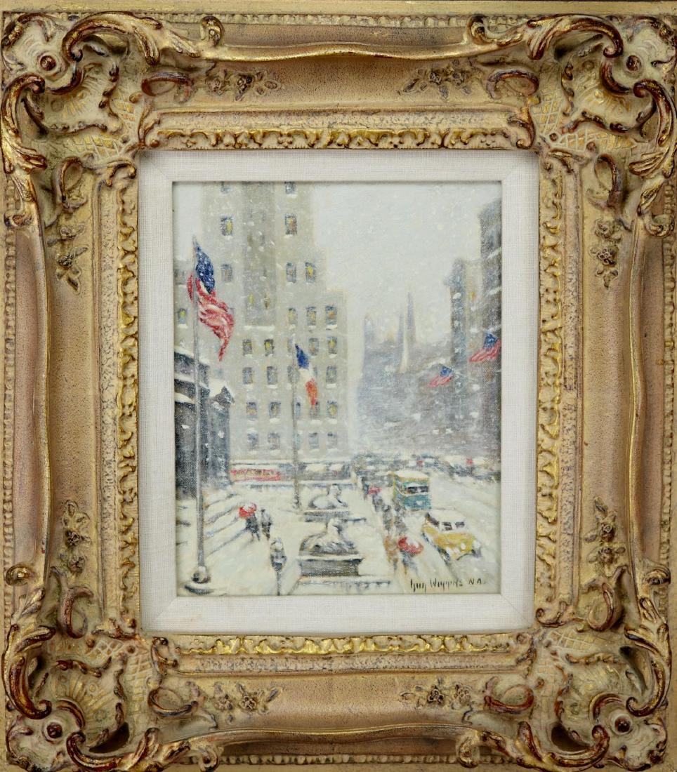 Guy Carleton Wiggins (1883 - 1962): Oil on board, "Winter at the Library" SLR and en verso. Retains Grand Central Art Galleries tag. 10"h x 8"w