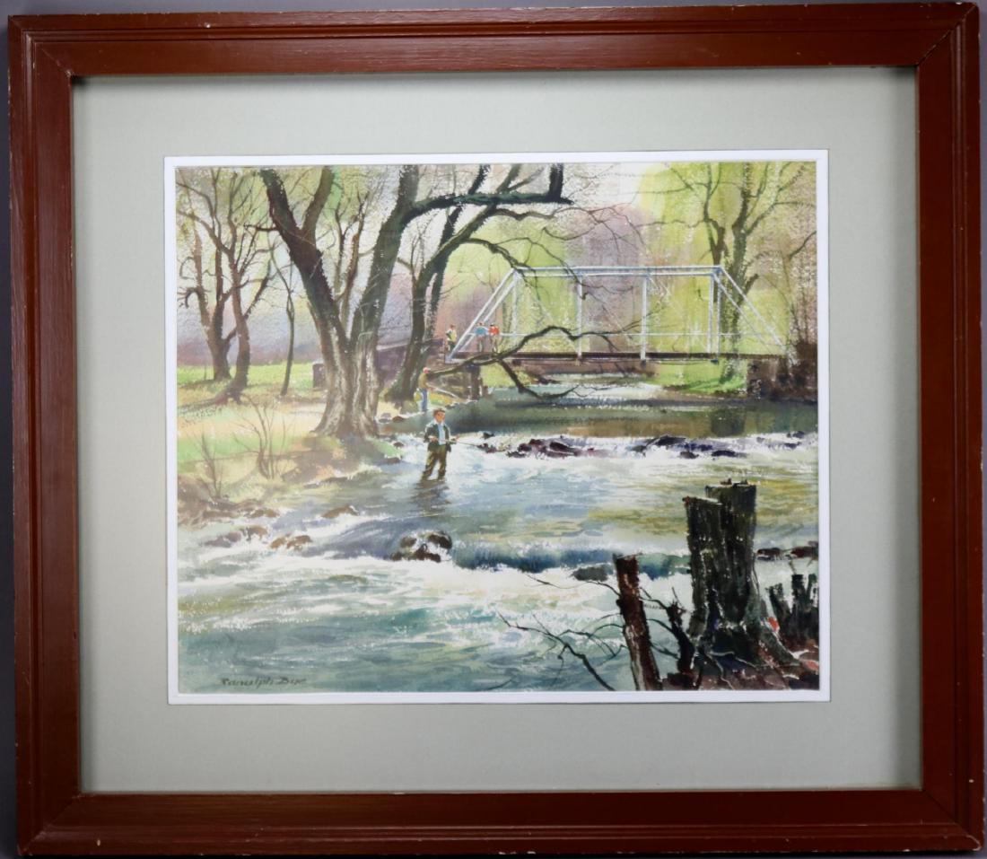 Ranulph Bye (1916 - 2003): Watercolor, Stream landscape with fly fisherman. SLL. 24"h x 28"w and 27.5"h x 31.5"w framed