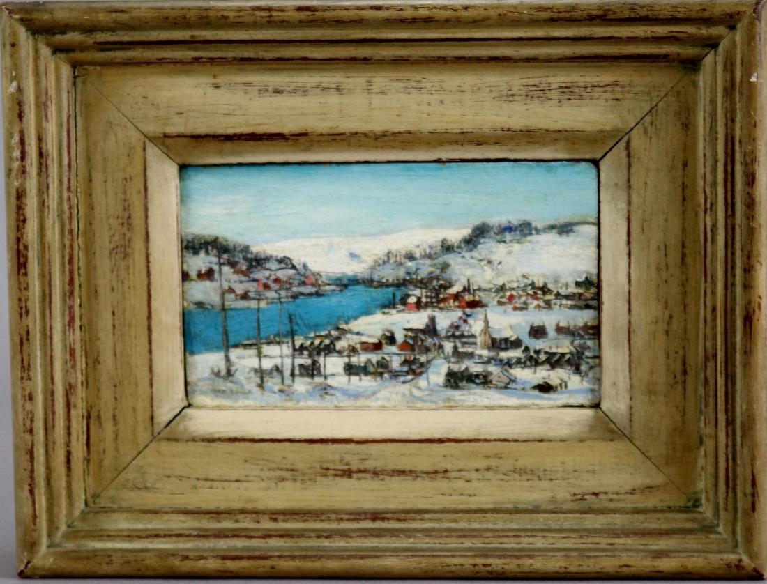 Walter Emerson Baum (1884 - 1956): Oil on board, Winter landscape. SLL. 3.75"h x 5.75"w and 6.75"h x 8.75"w framed