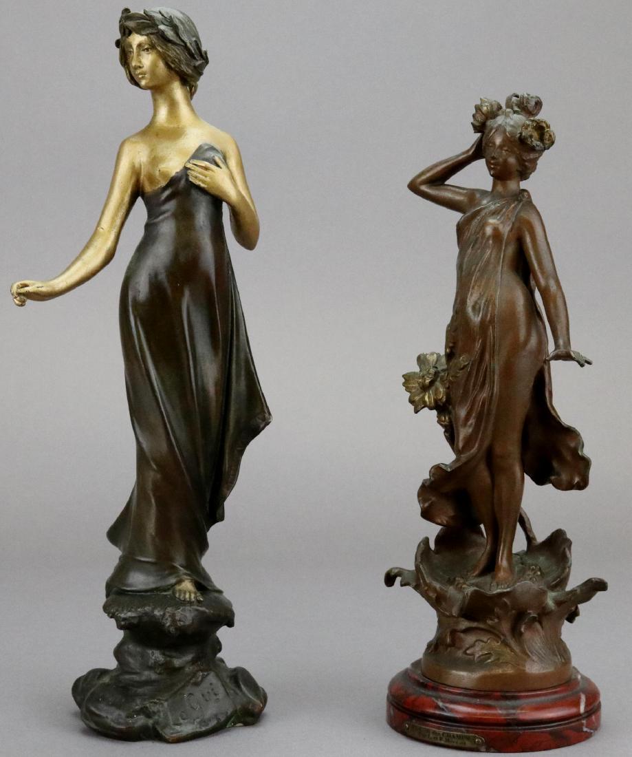 Figural Bronze Sculpture Grouping: Both art nouveau style, "Fleur des Champs" by F & L Moreau" and "Le Gui" by J. Monmany. Tallest 11"h