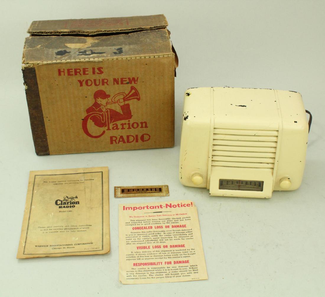 Vintage Clarion Radio, box and manuals: Model C11801-V. Ivory-painted bakelite.