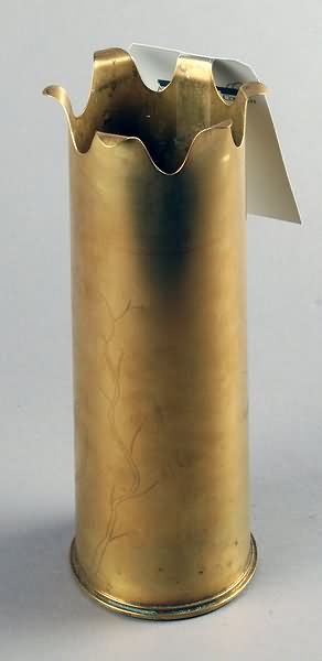 WWI Other: 1 WWI Trench Art Vase made from an 18 pr. British shell, has a unit coat of arms on it and "1914 Souvenir Valenciennes France '19". Ship: $23 plus insurance.