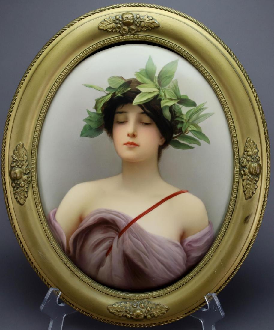 KPM Porcelain Plaque - Carl Meinelt: "Daphne", Signed, impressed KPM and scepter. Classical maiden in draped gown with a laurel crown. 13.25"h x 11"w and 17"h x 14"w framed.