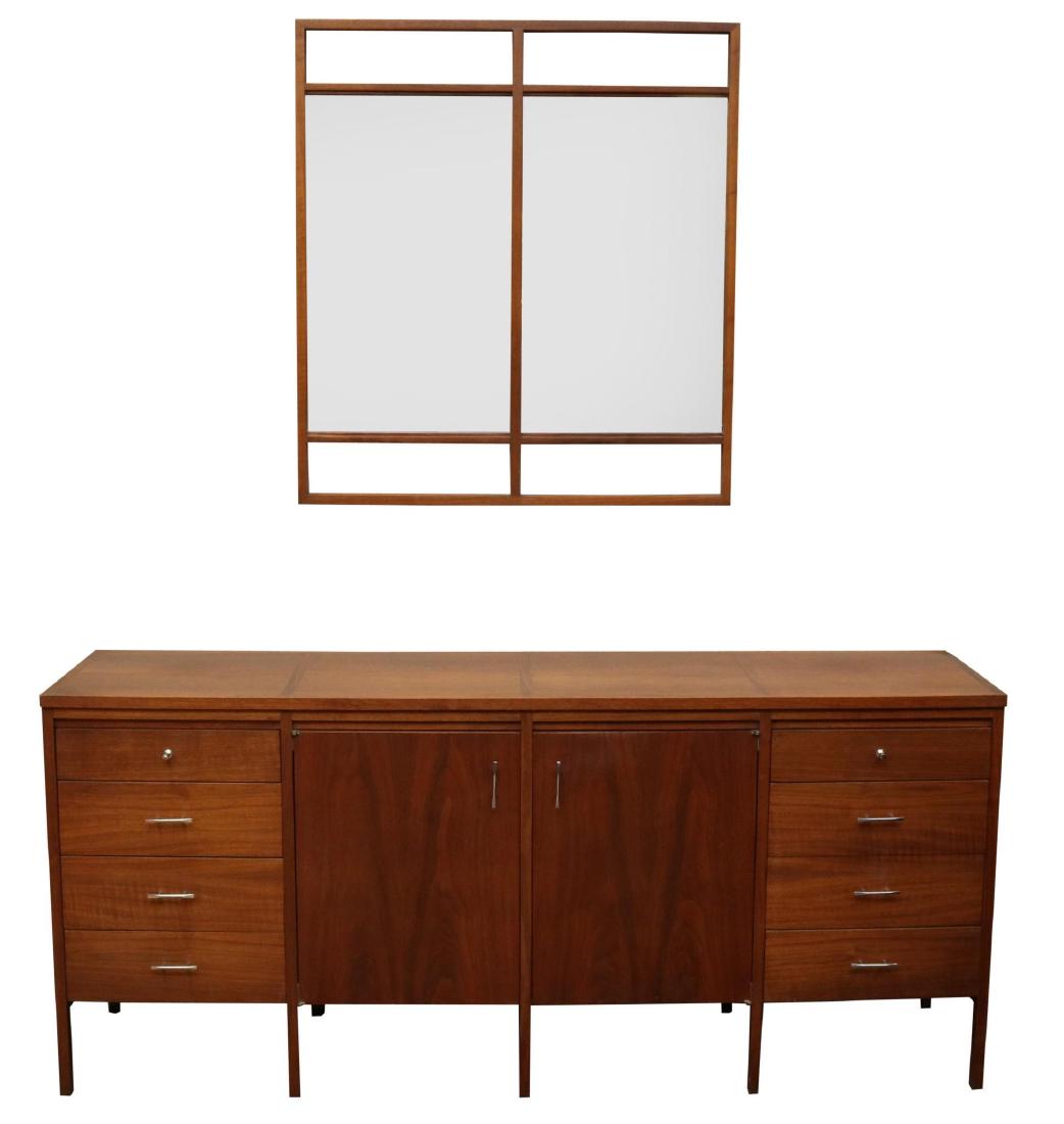 Paul McCobb for Lane Mid-Century Modern Dresser: Walnut with mirror, dovetailed joinery top over two doors flanked by four drawers on straight legs. Dresser 32”h x 72”w x 18”d, Mirror 39”h x 36”w